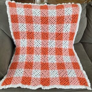 Cozy Handmade White Two-tone Orange Crochet Throw Blanket Baby Crib Bed Warm